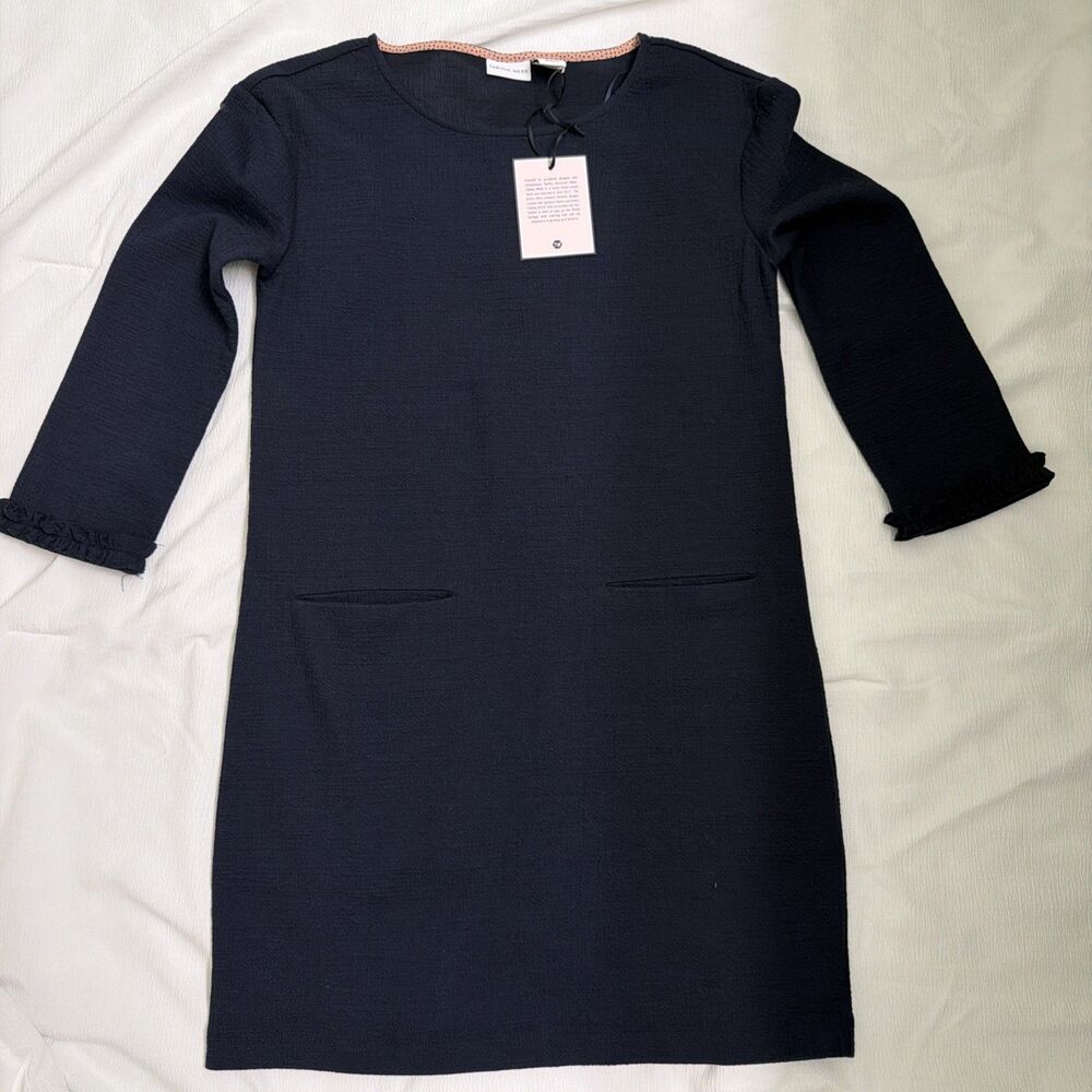 Anthropologie Tabitha Webb Dress Womens Small Navy Blue Gauze Waffle RuffleShift
